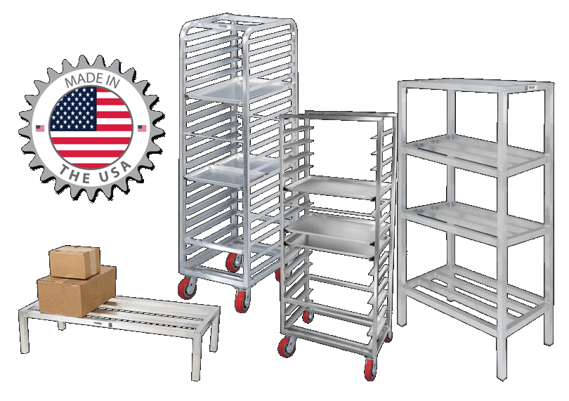 An image of a Channel Manufacturing various carts and Racks with Made in the USA badge.